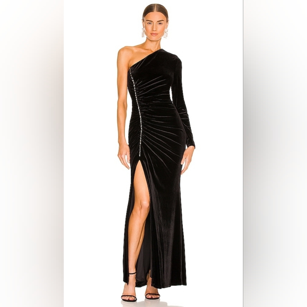 NWT BCBGMAXAZRIA Black Velvet Evening Gown, Crystal Accents, Slit Size Medium